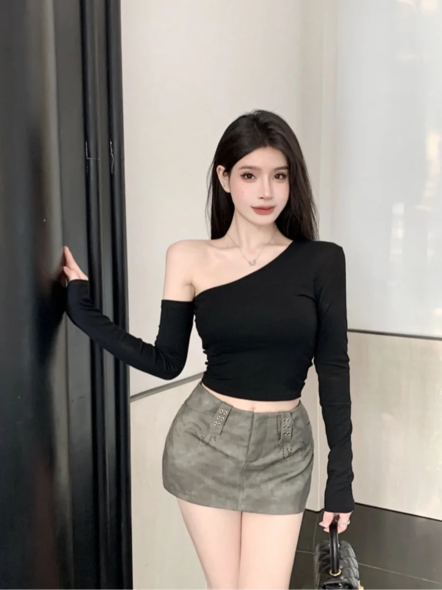 Sexy Slim Fit ort Sve Asymmetric T-irt Women's Commute Sle Pure Color Polyester Fiber 00% Small Batch Trendy Top