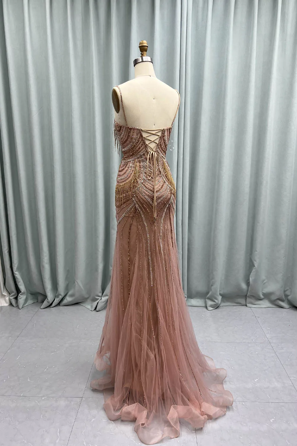 YQLNNE Rose Gold Pendants Evening Dresses Long Mermaid Spaghetti Tulle Crystals Formal Evening Party Gown Lace-up