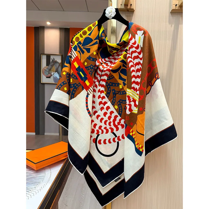 وشاح حريري جديد للخريف والشتاء 70% صوف 30% للنساء - تصميم فاخر، عصري ودافئ، شال كبير، غطاء للرأس، 135*135 سم