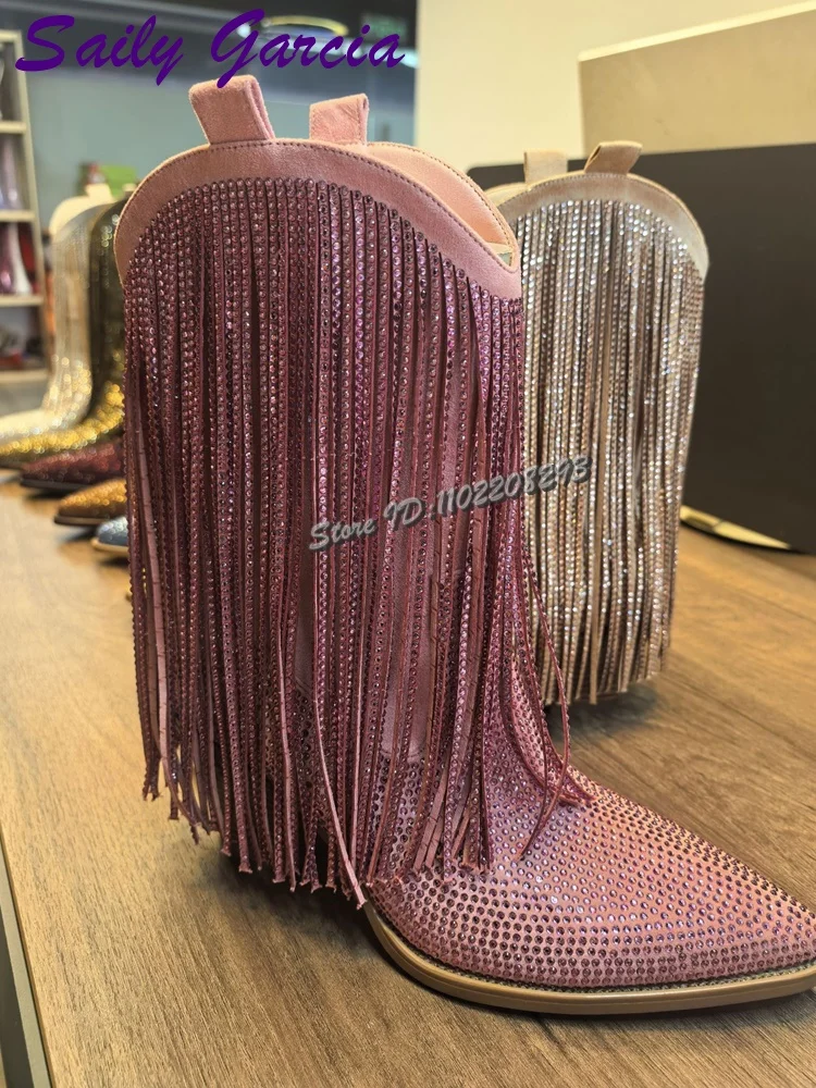 

Crystal Fringe Ankle Boots Solid Rhinestones Pointed-toe Slip-on Chunky Heels Chelsea Boots Fashion 2025 Autumn Women Shoes