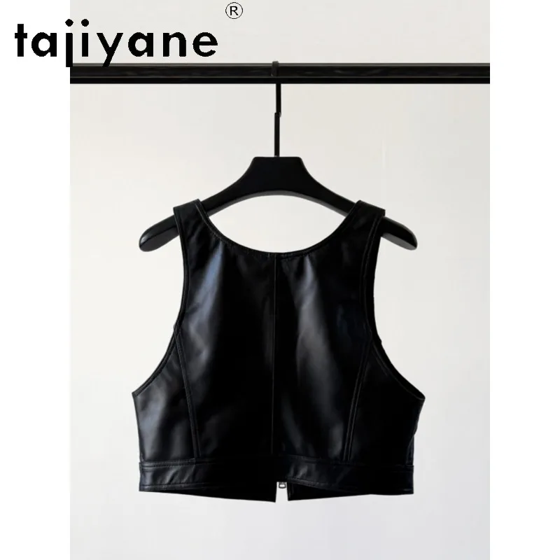 TAJIYANE Short Sheepskin Women's Tanks Round Neck Real Leather Jacket Women Tanks Top Motorcycle Jackets for Woman Zipper Косуха