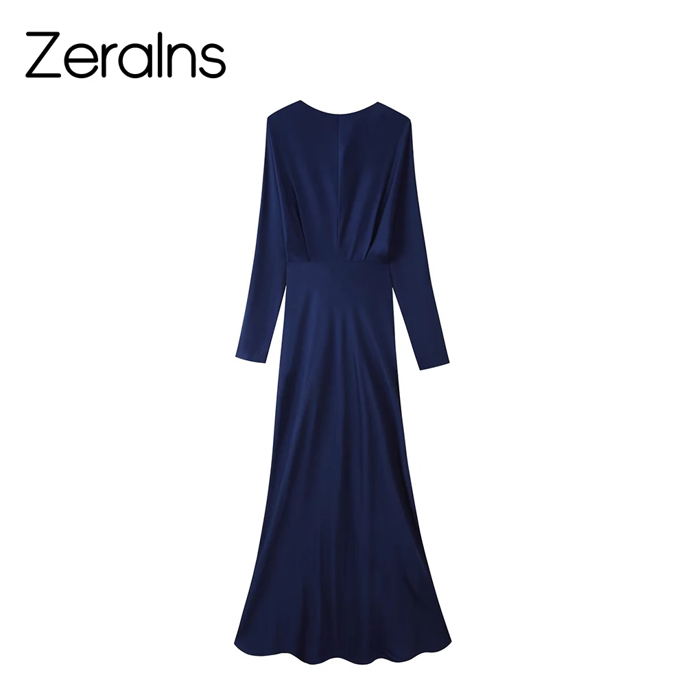 ZERAINS 2026 Early Autumn New Women's Fashion Long Sleeve Round Neck Silk Satin Texture Long Midi Dress