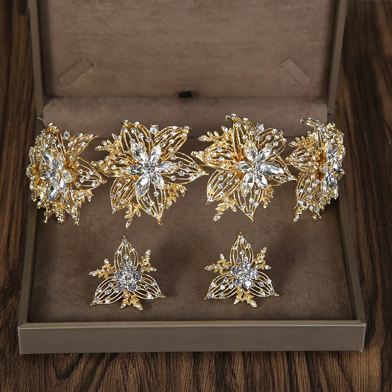 2Pcs Fashion Gold Silver Color Crystal Rhinestone Headbands Earrings Set For Bride Women Wedding Hair Accessories Head Jewelry