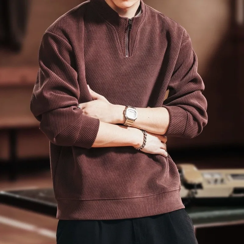 

Модный уличный теплый ретро свитер с воротником-стойкой на полумолнии, мужской осенний новый свободный повседневный свитер с бархатной текстурой для мужчин
