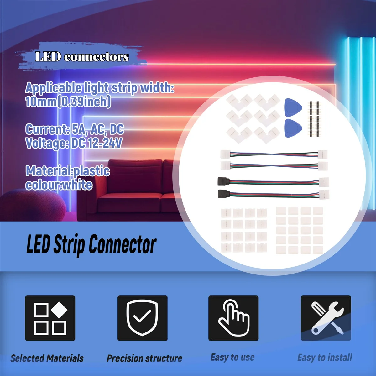 AD41-LED موصل الشريط 4 دبوس 10 مم موصل شريط إضاءة RGB بدون لحام لـ 5050 SMD - موصلات Gapless، شكل L