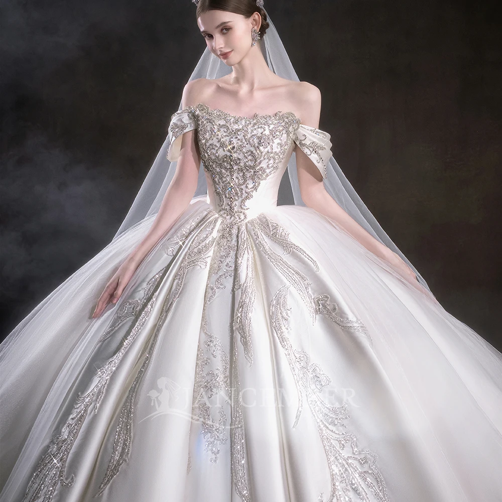 Customized Vintage Lace Wedding Dresses Princess Ball Gown Beading Bridal Gowns Shinny Tulle Short Sleeves فساتين حفلا