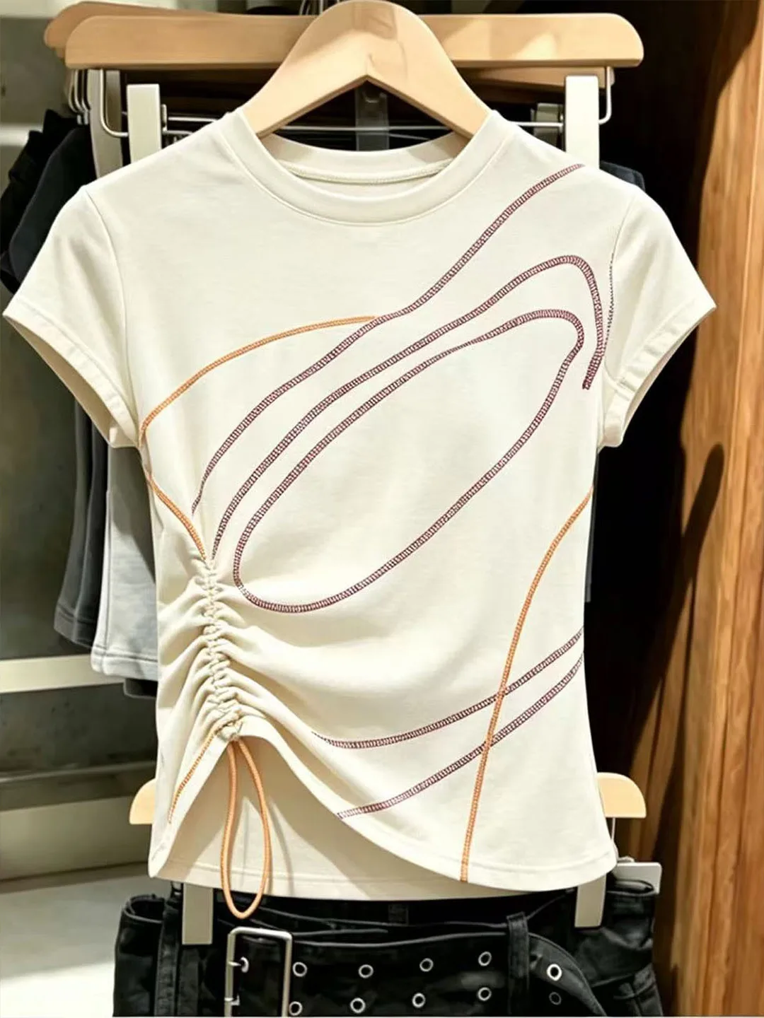 

Fashionable Drawstring Short Sleeve T-Shirt round Neck Slim Fit Women's Top Korean Style Commute Silk Material Summer 2026