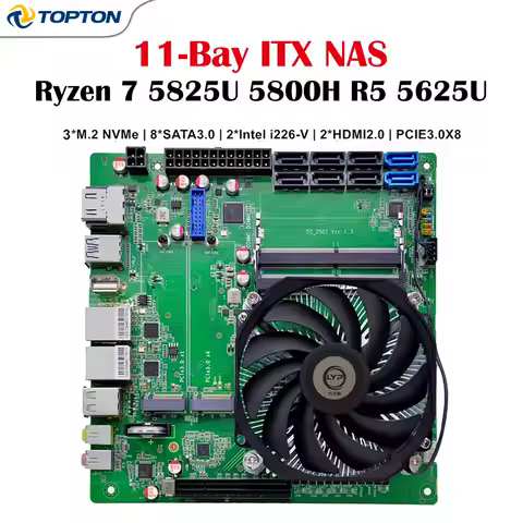 11-Bay ITX NAS Motherboard AMD Ryzen 7 5825U 5800H R5 5625U 3NVMe 8SATA 2*2.5G LAN DDR4 Firewall Gaming Mainboard Mini PC Server