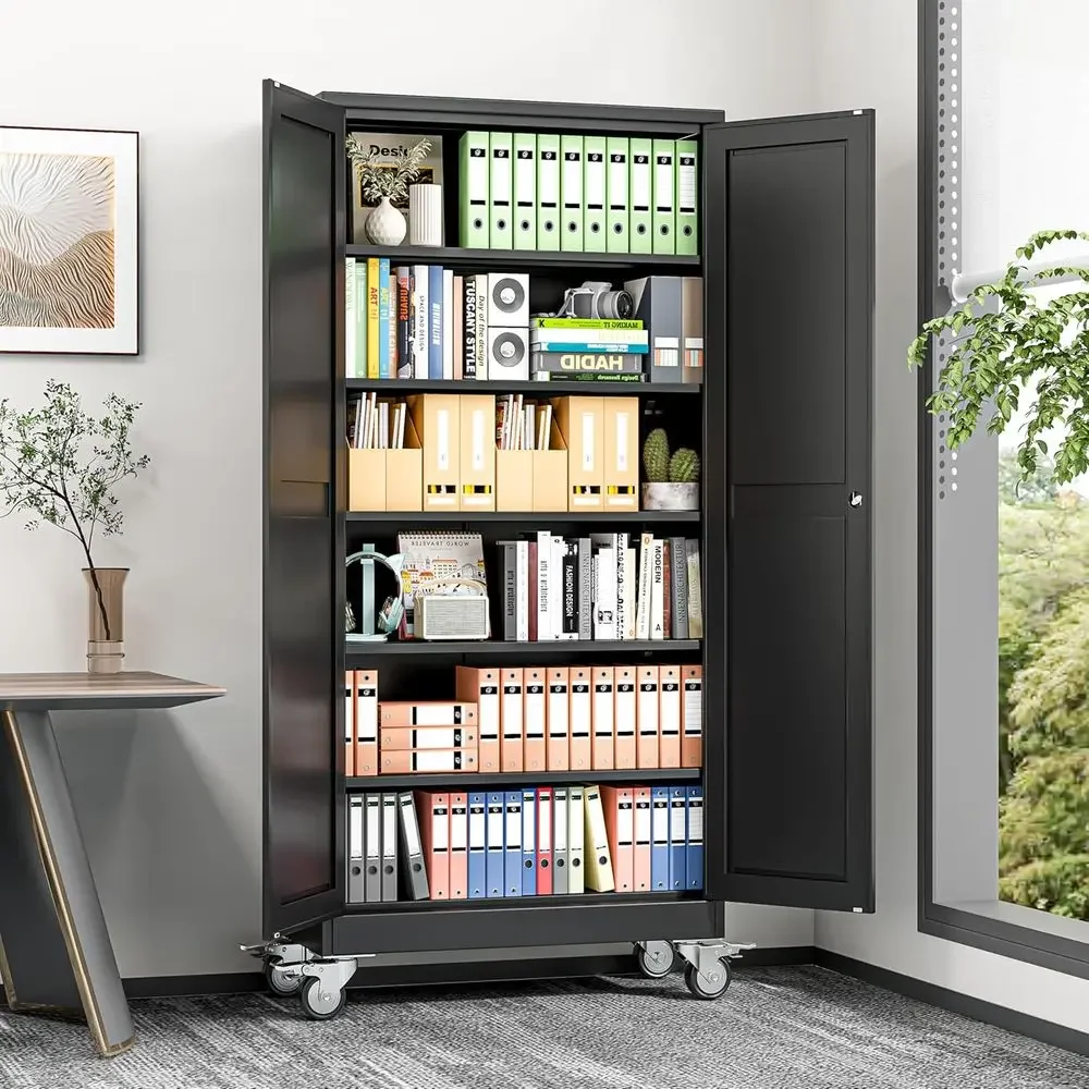 74 Tall Heavy-Duty Rolling Utility Cabinet with Lock, 5 Adjustable Shelves, Ideal for Garage, Office, or Gym Storage in Black