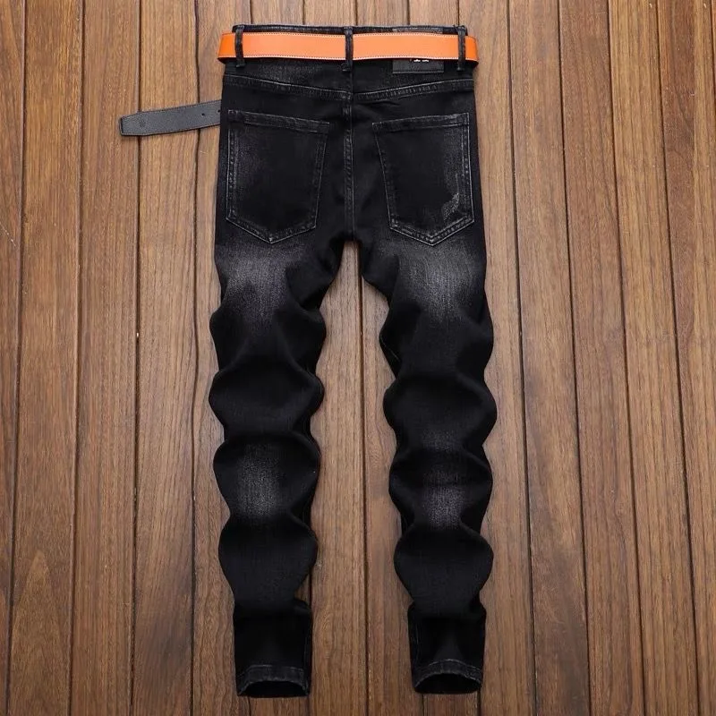 2024 Spring and Autumn New Fashion Trend Retro Ripped Small Foot Pants Men\'s Casual Slim Breathable Elastic High-Quality Jeans