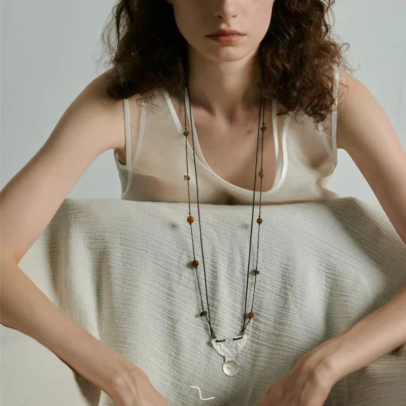 

2025 New Braided Rope Half-Circle Spoon Long Necklace Earring Set Vintage Design Sweater Chain