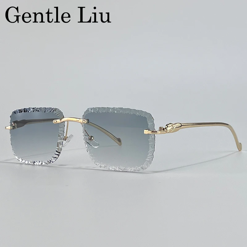 Fashion Square Randlose Punk Sonnenbrille Männer 2025, Luxus Marke Cut Edge Rahmenlose Sonnenbrille Für Männliche Leopard Kopf Brillen Shades – Detail 2