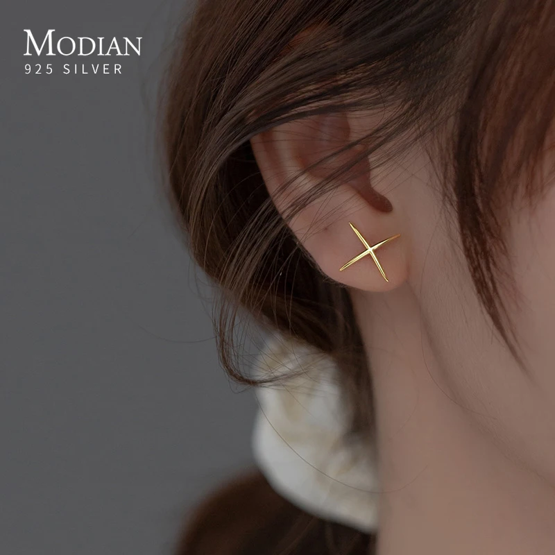 Modian 100% 925 Sterling Silver X Shape Simple New Fashion Stud Earrings Gold Color Line Ears For Women Party Dating Jewelry