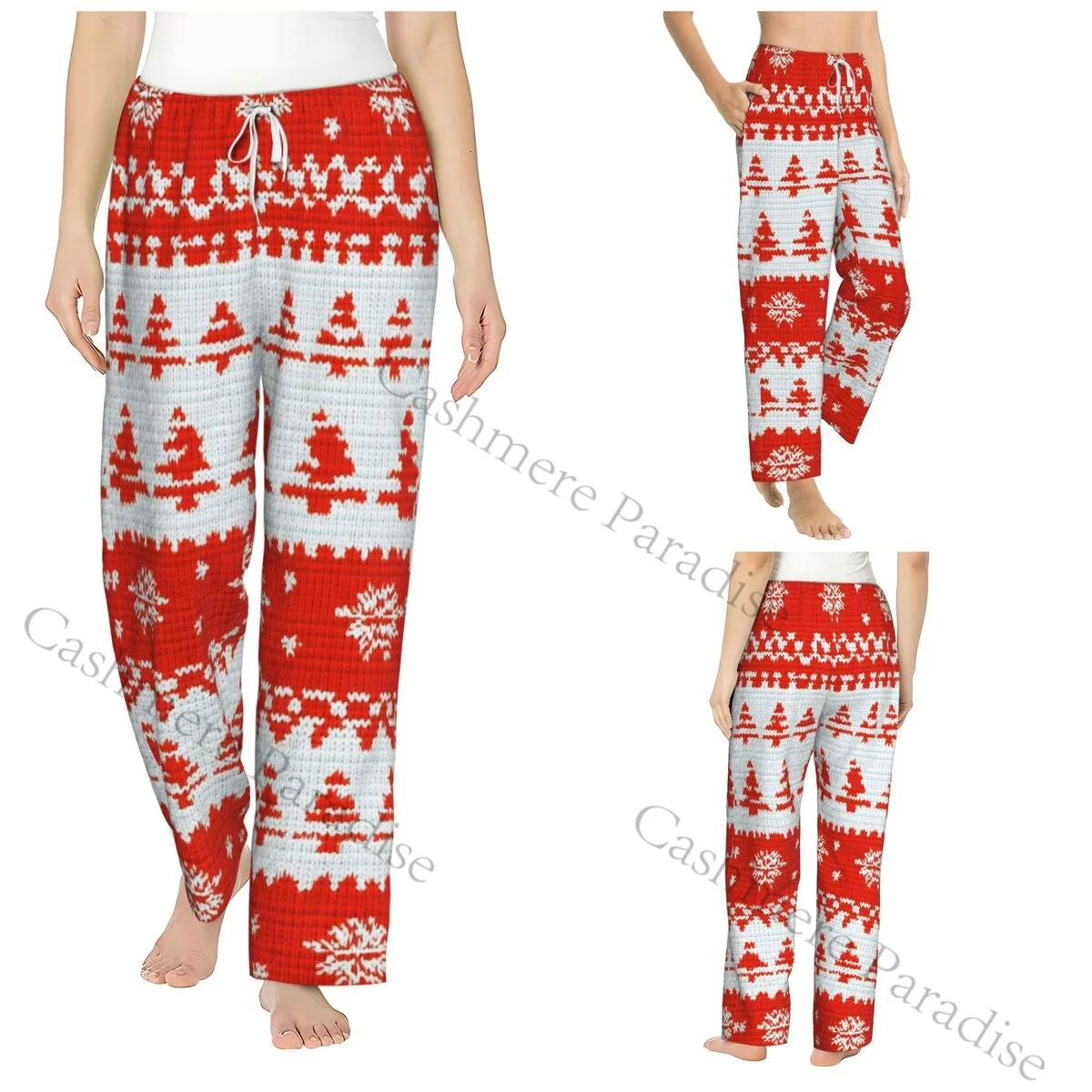 

Red White Snowflakes With Warm Women Pajama Pants Flannel Sleep Bottoms Soft Fleece Loungewear