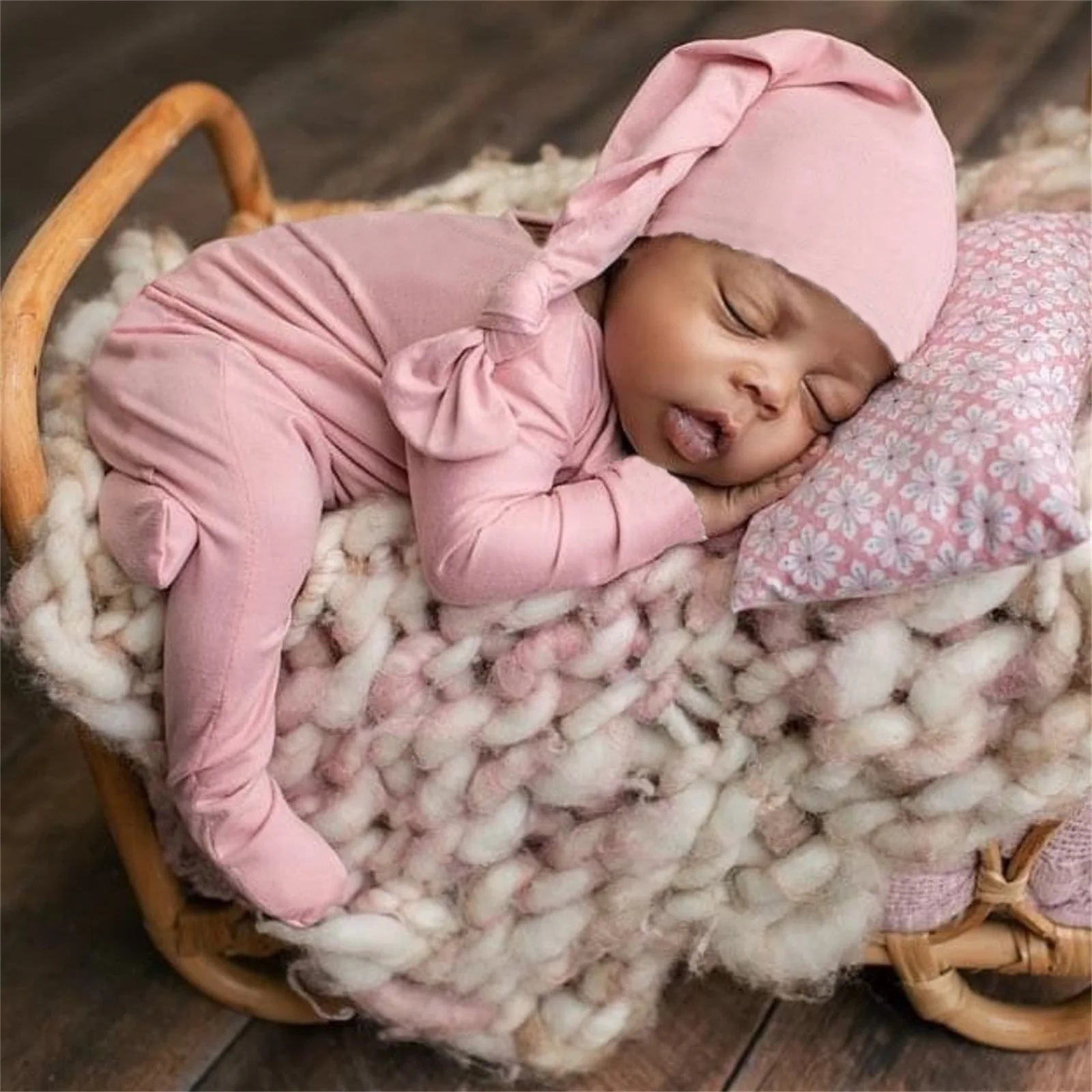 Ylsteed Newborn Photography Props Buttons Footed Jumpsuit with Sleepy Hat Infant Photo Props Pic Idea