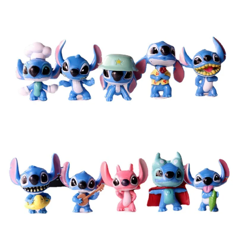 10 buah figur Anime Disney Stitch boneka kartun mainan PVC versi Q kue ulang tahun memanggang Dekorasi mainan liontin hadiah anak-anak