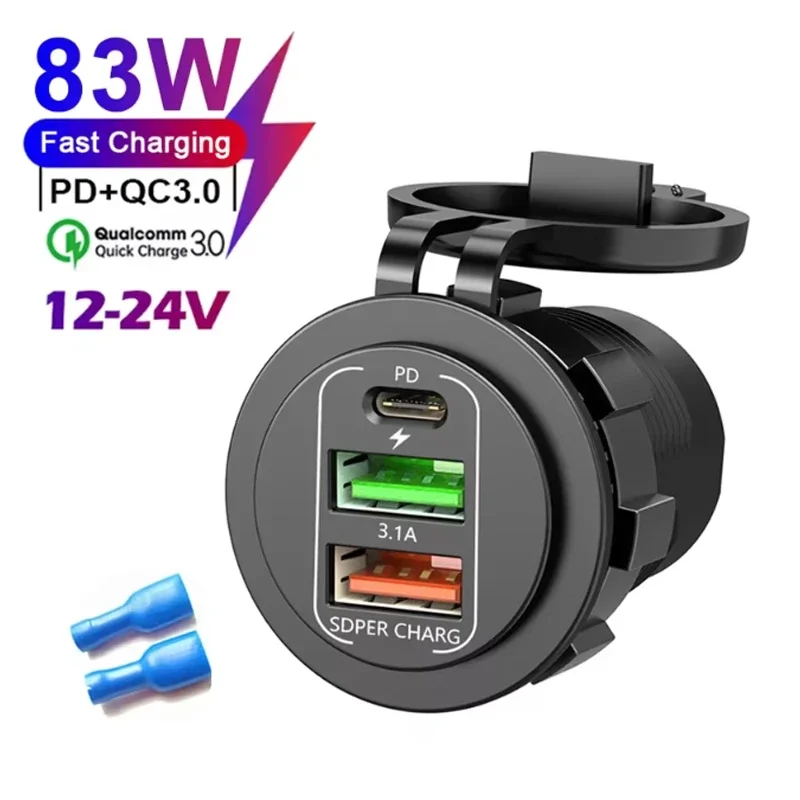 QC 3.0 PD30W Dual-USB-Schnellladegerät für Autos, 12V/24V, wasserdicht, mit Schalter, Auto-Schnellladeadapter, Stromanschluss