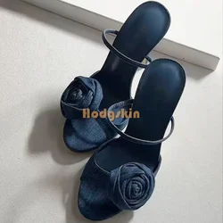Denim Blue Flower Stiletto Slippers Round Toe Shallow Pull on Strappy Thin High Heels Sandals Women Elegant Dress Shoes Fashion
