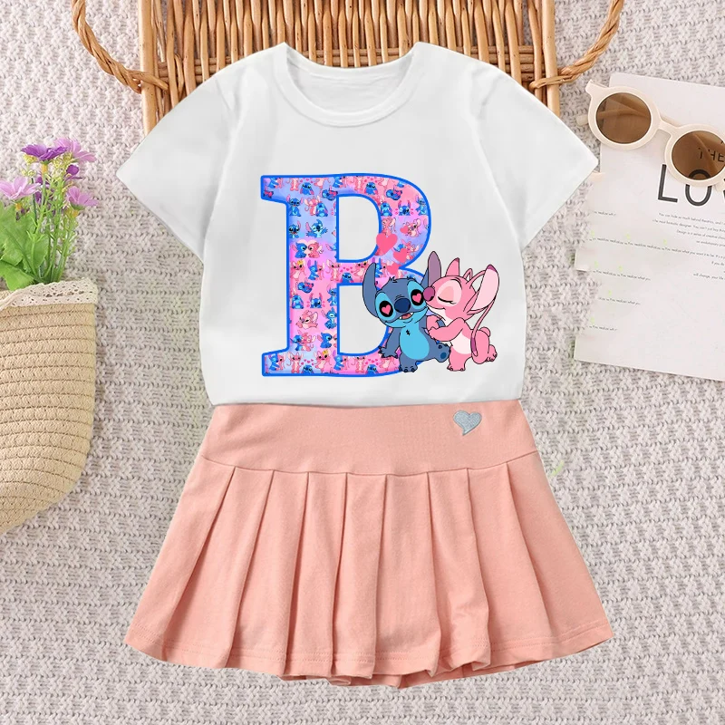 ステッチエンジェル Tシャツスカートセット女の子ディズニーアニメ手紙 A-Z Tシャツプリーツドレス子供夏半袖スカート子供 Clorhes