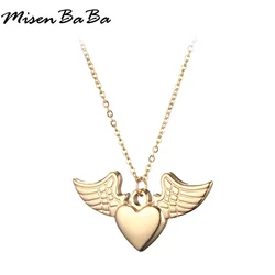 MisenBaBa Stainless Steel Angel Wings Pendants Necklace for Women New Fashion Heart Jewelry