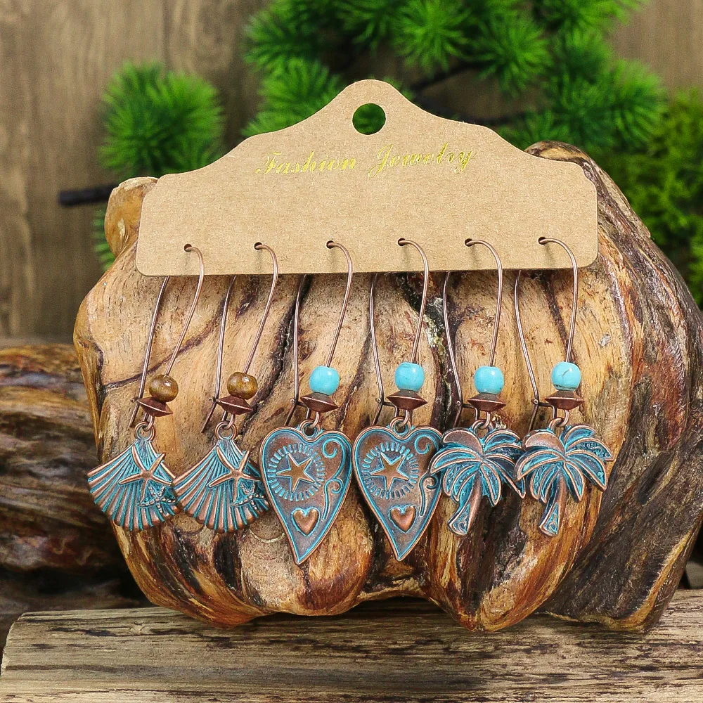 على شكل قلب سبائك الزنك انخفاض القرط مجموعة الجمع ، دائري تصميم جوفاء ، ورقة ريشة قذيفة هدية ، والأزياء نمط خمر