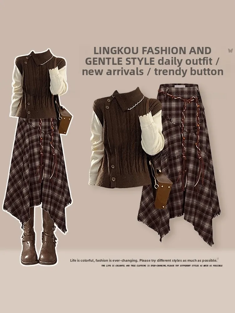 

Faionable Knitted Sweater And Skirt Set for Women Autumn Winter High Waist Midi Skirt Tweed Print Asymmetrical Two Piece Set