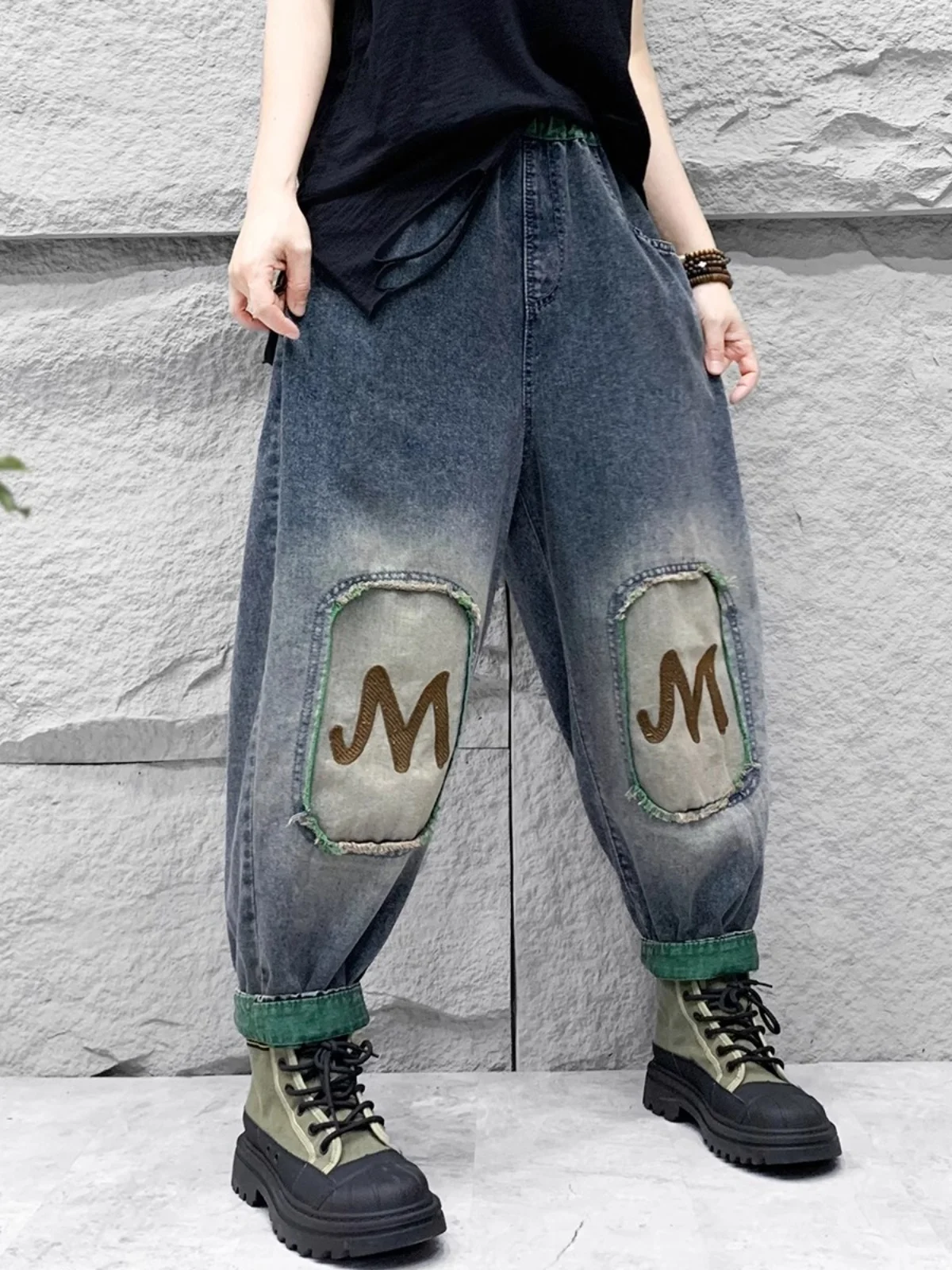 

Loose Casual Denim Jeans Women plus Size Slimming Harem Pants Vintage Artistic Patchwork Dad Sle Wide Leg Jeans