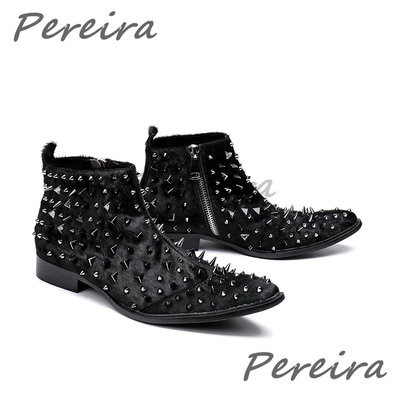 Men's Rivet Plush Short Boots British Style Fur Pointed Toe Cowhide Side Zipper Chelsea Boots Autumn Winter Trendy Male Shoes