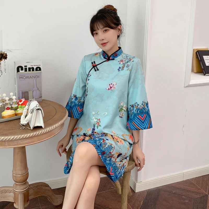 Red Blue Loose 2024 New Fashion Modern Chinese Cheongsam A-line Dress Women 3/4 Sleeve Qipao Traditional Chinese Clothes