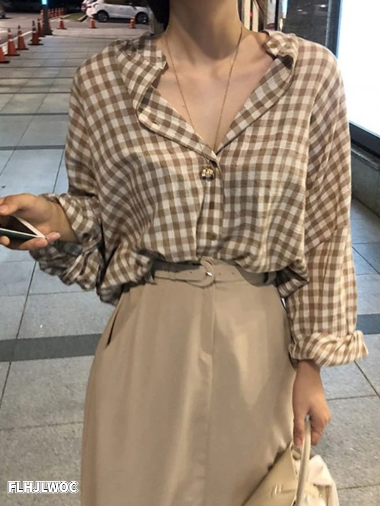 

Cute Sweet Tops Women Fashion Temperament Lady Korean Design Boyfriend Blouses Shirts Cute Girls Button Plaid Loose Shirts 832