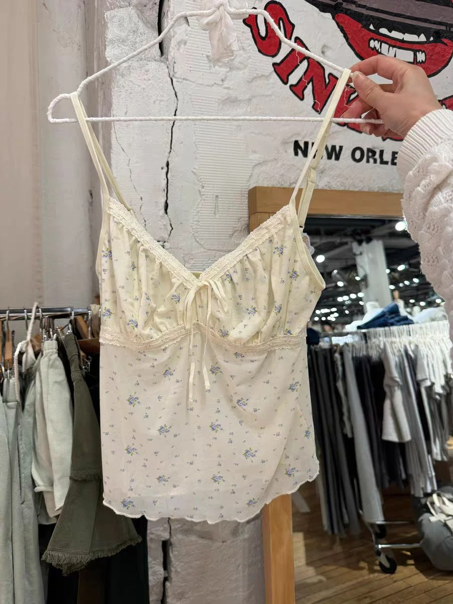 الأزرق الأزهار شبكة شفافة تانك القمم المرأة الدانتيل تقليم الرباط الخامس الرقبة بروتيل الصيف نمط Preppy الحلو مثير المحاصيل القمم Y2k #4