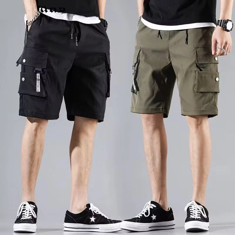 2024 Summer Beachwear Cargo Shorts Ribbons Hip Hop Short Pants For Men Wide Leg Multi Pockets Casual Street Wear