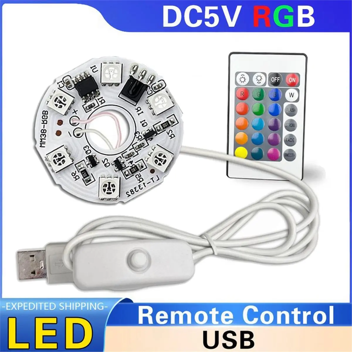DT75BG 5PCS Input DC5V Color Gradient LED RGB Light Board White USB Switch Cable and Remote Control 38MM