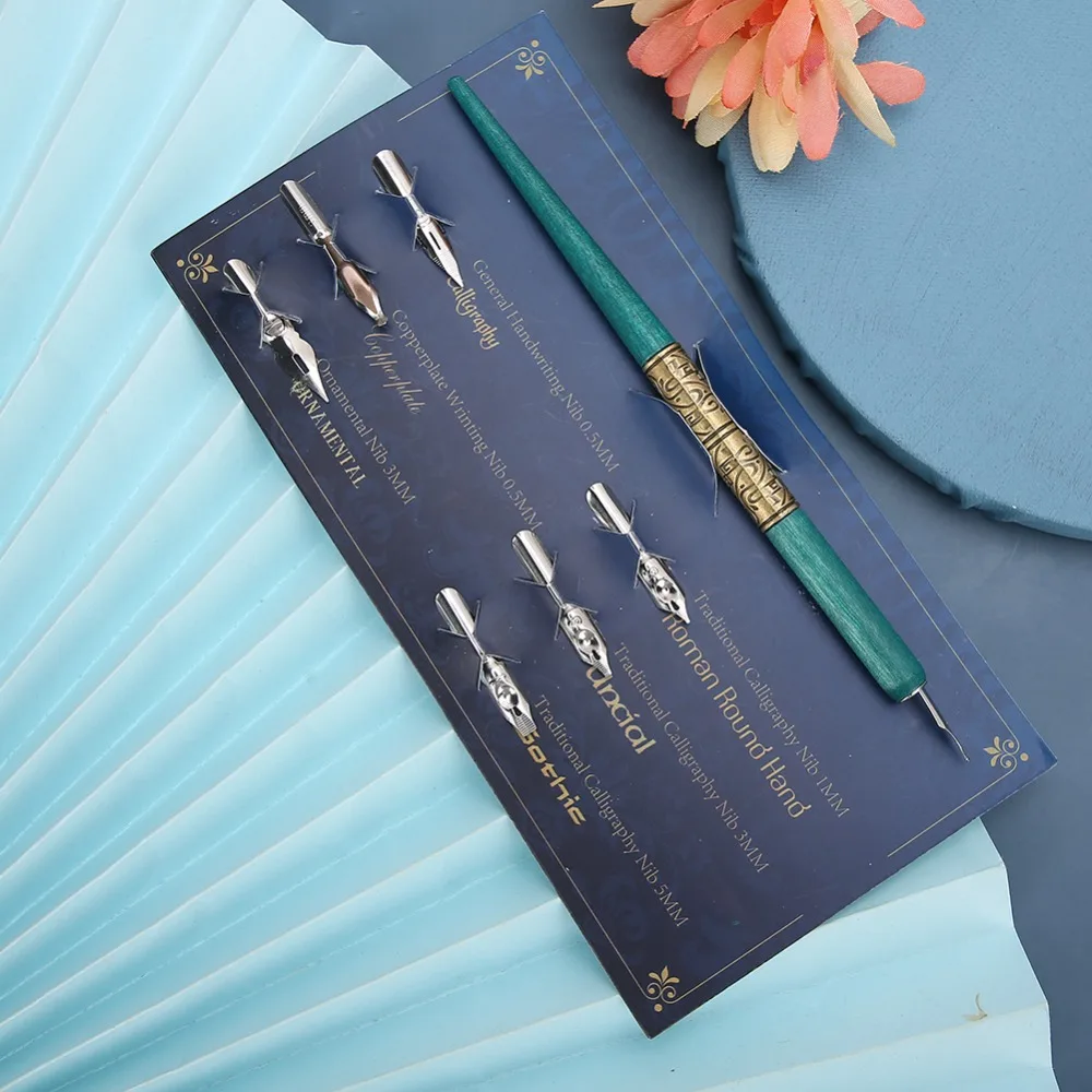 7pcs Innovative Antique Finish Dip Pen Set Wooden Handle Flat Nib Design Calligraphy Dip Pen Wooden Dip Pen Stationery Lovers