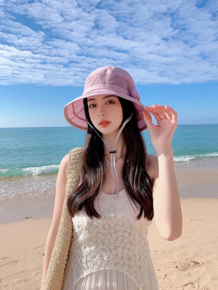 A fisherman hat, summer thin sunscreen hat, fashion tie-in bow hat, gauze short-brimmed ventilation hat, fashionable elegant sty