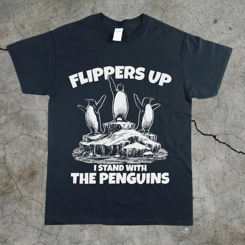 Penguin Tariff Tee, Canadian Made T-Shirt, Flippers Up Elbows Up Political Shirt, Political Sticker Shirt, Unisex Tee
