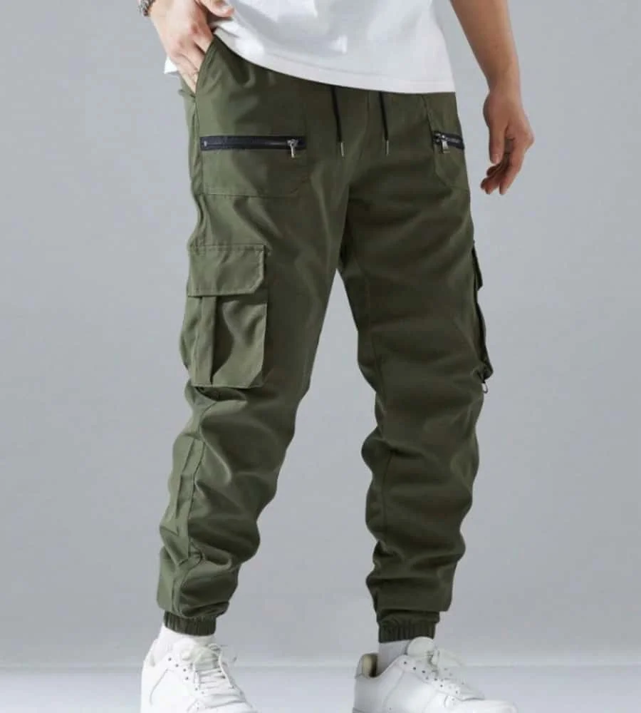 2025 Zipper Men Flap Pocket Side Drawstring Waist Men's Cargo Pants Men Baggy Khaki Trousers Men Thin Cargo Pants Back To School