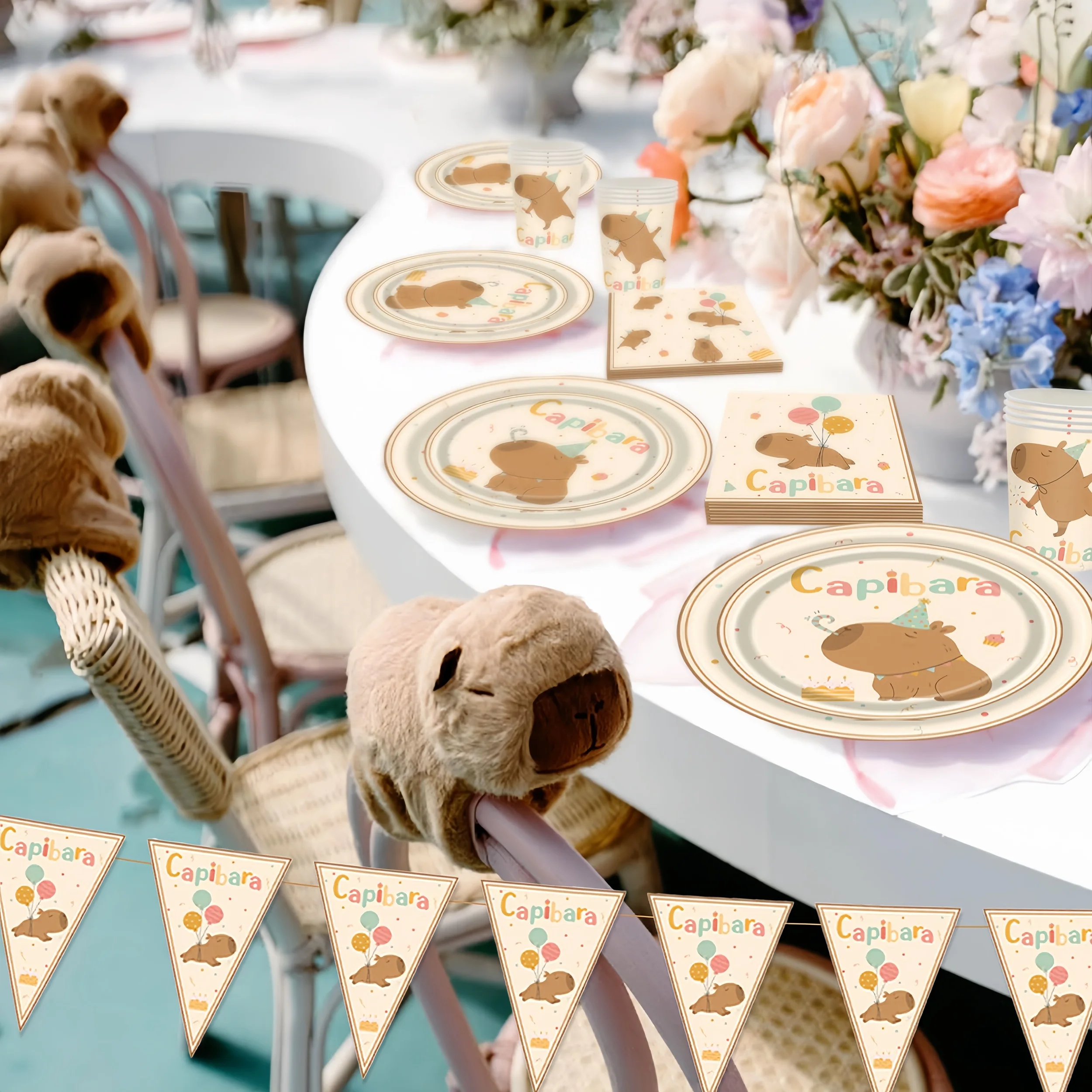 Cartoon Capybara Thema Geschirr Set Kinder Geburtstag Party Tasche Kuchen Topper Tischdecke Ballon Dekor Mädchen Gefälligkeiten Tier Supplie – Detail 10