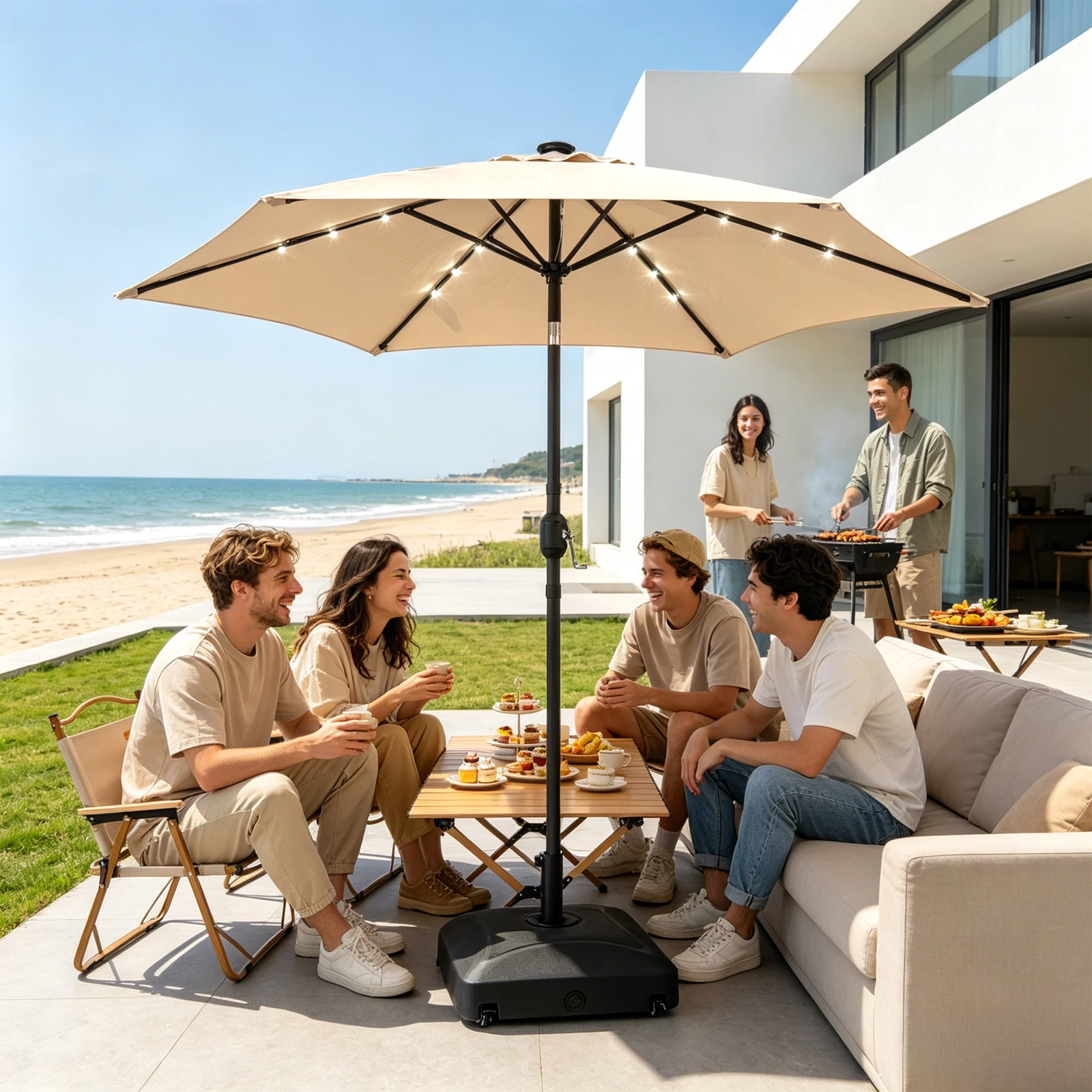 

9FT Solar LED Patio Umbrella Push Button Tilt Waterproof Beige