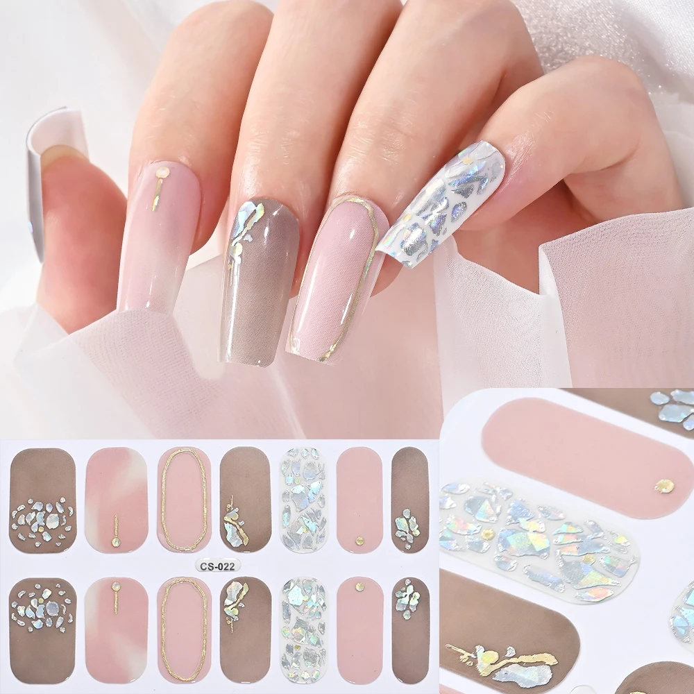 14Tip/Sheet Cured-free Abalone Slice Nail Strips Patch Self-Adhesive Charms Nail Polish Sticker Full Cover Manicure Slider Decal