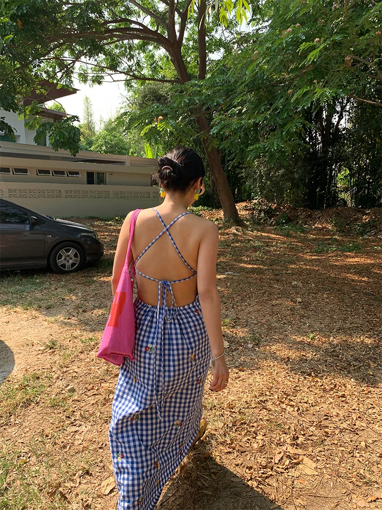 

Summer 2026 Plaid Backless Strap Dress Waist-Cinching Women's Design Sense Casual Cotton Polyester A-line Skirt Dress