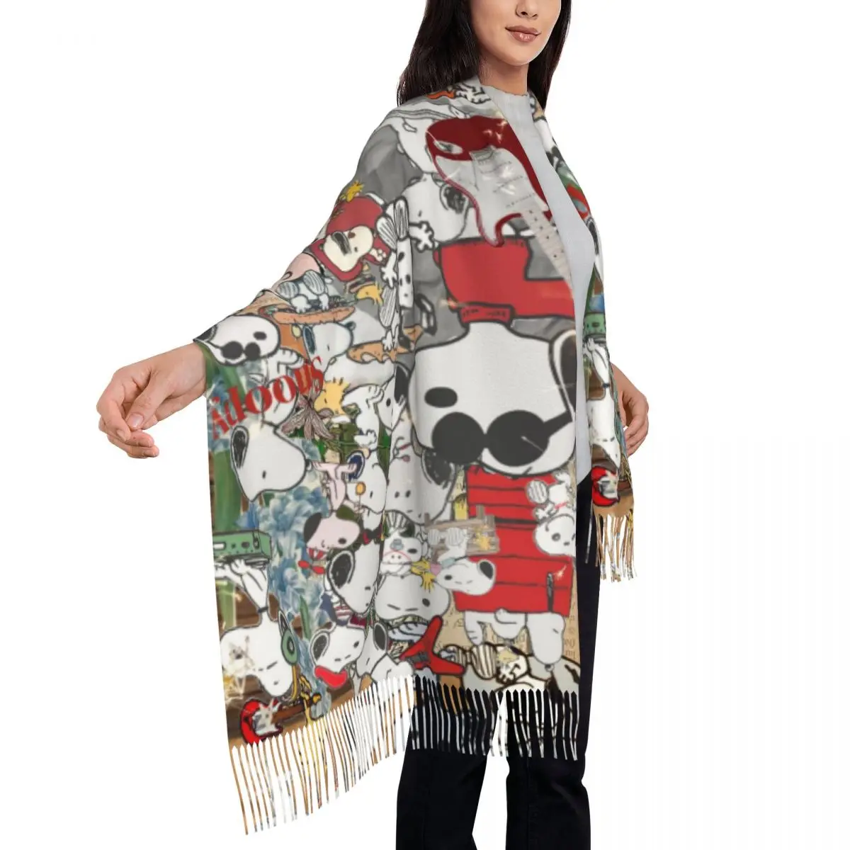 Custom S-Snoopys And Peanut Tassel Scarf Women Soft Shawls Wraps Lady Winter Scarves