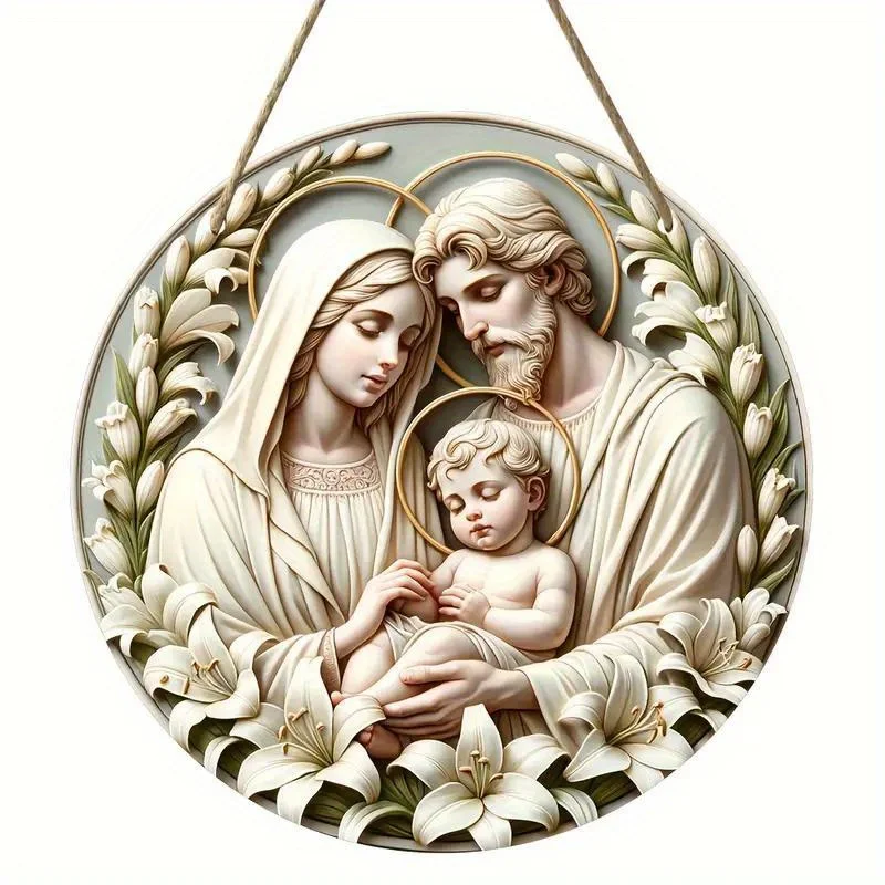 1pc, 2D Baptism Pray Faith Theme Family Wooden 7.9Inch/20cm Round Hanging Sign Wall or Door Decor Wall Art, Outdoor Courtyard