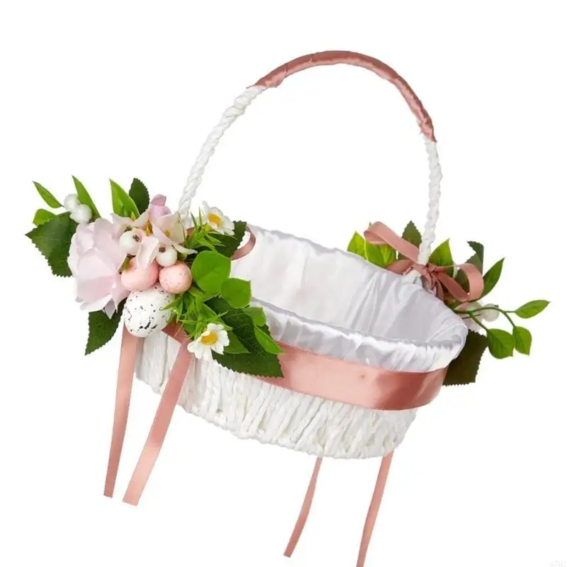 Easter Festival Basket with Artificial Flower Decors For Family Spring Camping And Seasonal Celebration