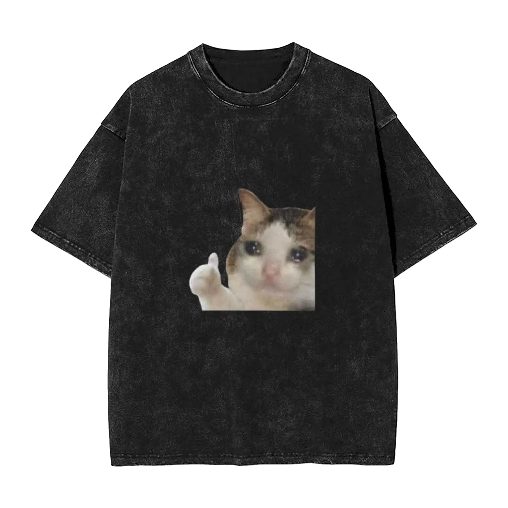 Crying cat thumbs up Unique Stylish A Washed T Shirt Men's Women's Oversized Cotton Tees Tops