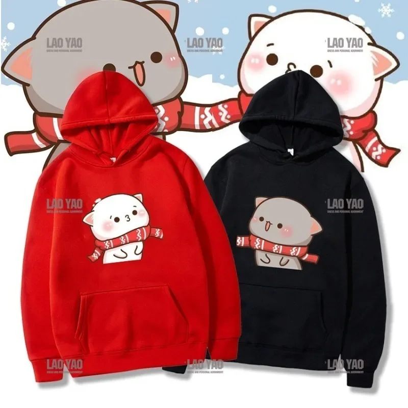 Couple Clothes Christmas Themed Warmth Sweatshirt Cute Christmas Scarf Peaches and Ash Ash Hoodies Funny Peach Cat Pullovers