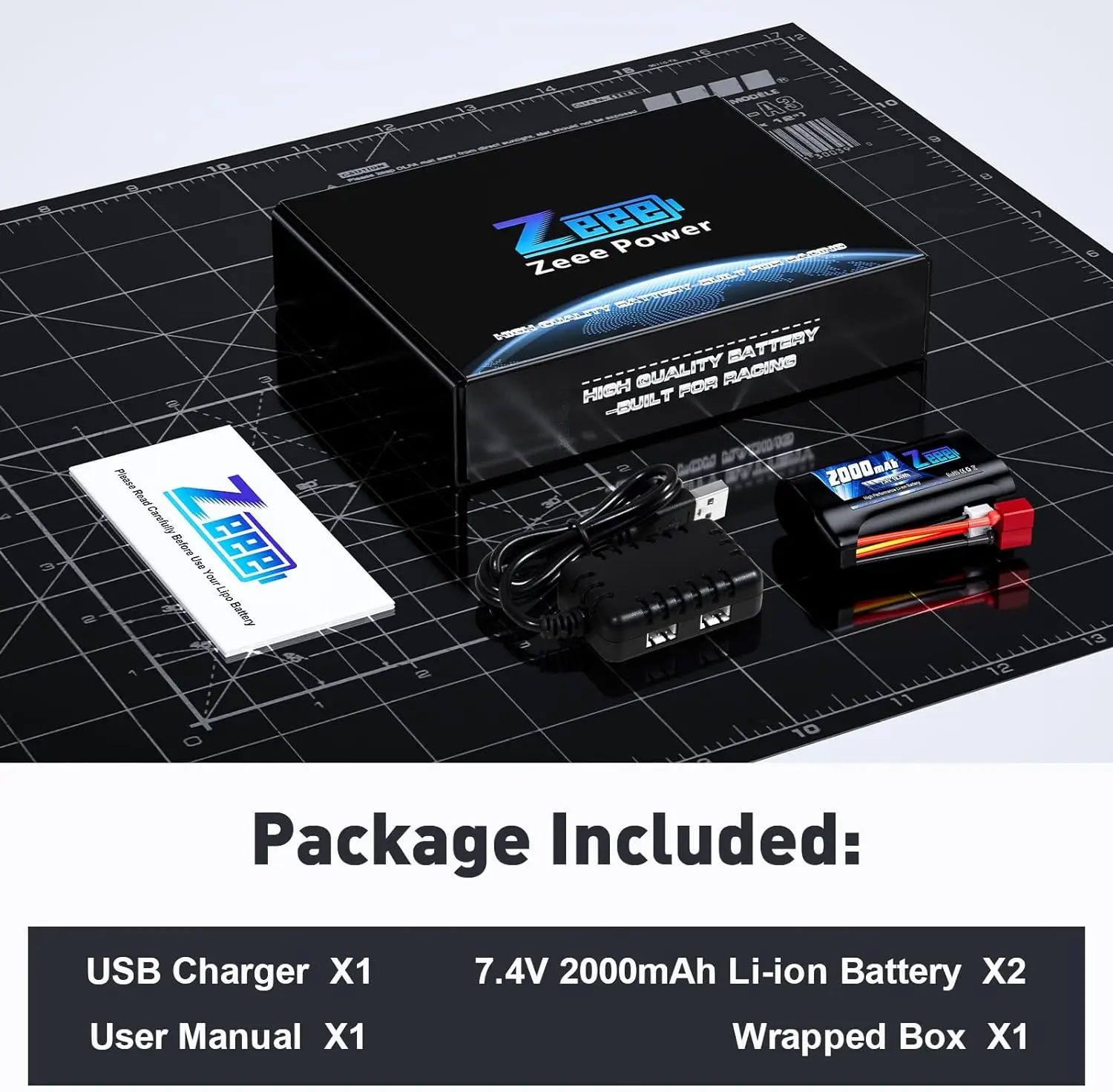 Zeee Li-ion Battery 2S 7.4V 2000mAh T Connector with Charger for RC Cars Buggy Boats 4WD High Speed FPV Racing Hobby Model Parts