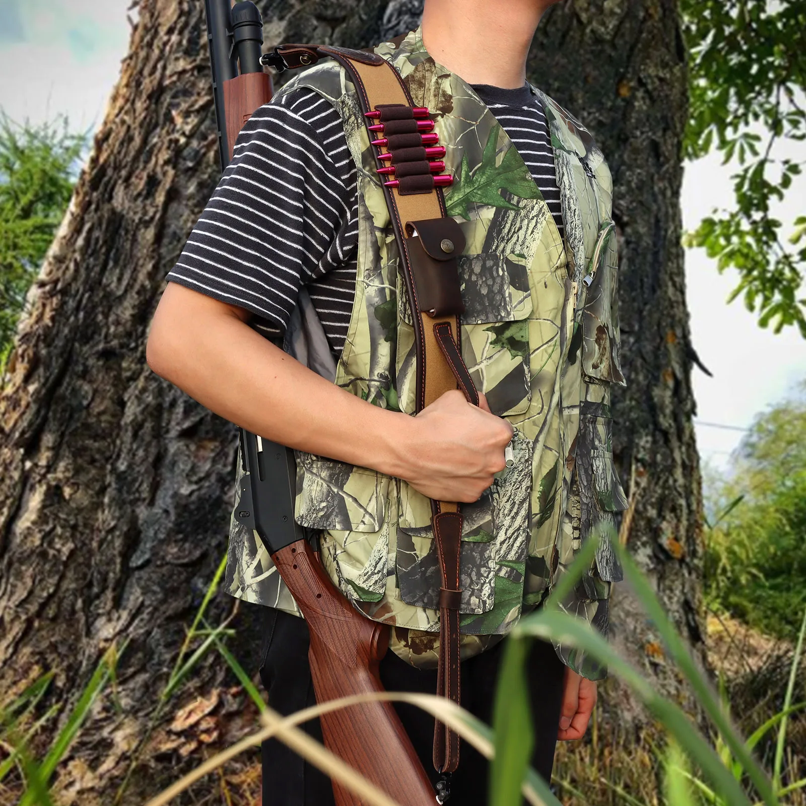 

Tourbon Hunting Accessories Canvas&Leather Rifle Sling w/ Bullet Cartridges Ammo Holder Shooting Gun Shoulder Strap Shooting