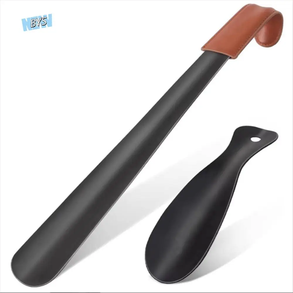 Long Handle Shoe Horn Leather Strap Spoon Shape Leather Shoe Horn Set 42cm Stainless Steel Long Shoe Lifter Shoes Accessories