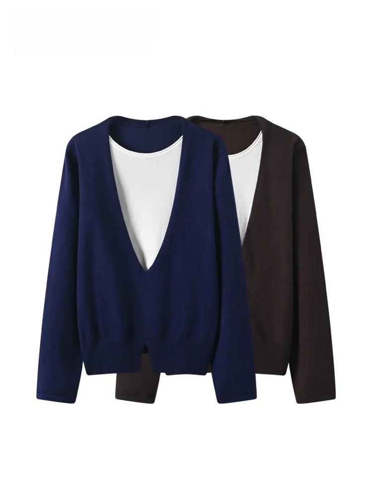 

Club Cara plus Size Knitted Long Sve Women's Top Vintage Anti-Aging Trendy Mid-Length V-Ne Color Commute Sle